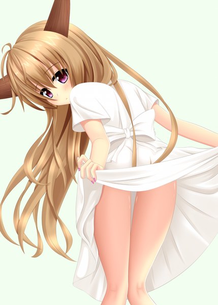 Anime picture 1072x1500 with touhou ibuki suika yoye (pastel white) single long hair tall image light erotic brown hair pink eyes looking back horn (horns) dress lift girl bow
