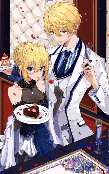 Anime picture 2016x3228 with fate (series) fate/grand order fate/prototype artoria pendragon (all) saber arthur pendragon (fate) osanai tall image looking at viewer blush fringe highres short hair open mouth blonde hair smile hair between eyes standing bare shoulders holding