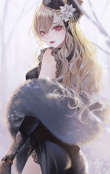 Anime picture 1296x2048 with original magako single long hair tall image looking at viewer fringe breasts open mouth blonde hair hair between eyes red eyes standing ass from behind mole fang (fangs) fur trim lipstick turning head