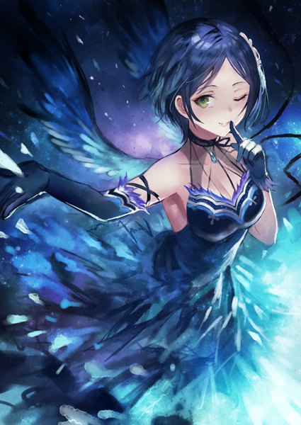 Anime picture 752x1062 with idolmaster idolmaster cinderella girls hayami kanade terai (teraimorimori) single tall image looking at viewer short hair breasts green eyes blue hair cleavage one eye closed from above wink armpit (armpits) outstretched arm finger to mouth blue-winged maiden girl