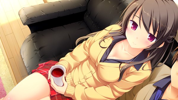 Anime picture 2560x1440 with melty moment ichijou aoi takayaki long hair looking at viewer blush highres black hair smile wide image purple eyes game cg open collar girl boy skirt sweater couch cup