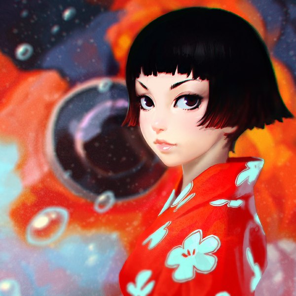 Anime picture 900x900 with original ilya kuvshinov single looking at viewer blush fringe short hair black hair traditional clothes parted lips japanese clothes black eyes blurry lipstick floral print portrait eyebrows eyeshadow pink lipstick makeup