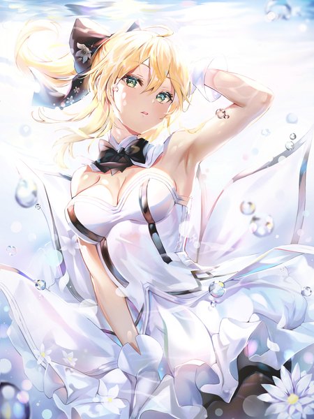 Anime picture 850x1132 with fate (series) fate/unlimited codes artoria pendragon (all) saber lily narae single long hair tall image looking at viewer blush fringe breasts open mouth light erotic blonde hair hair between eyes green eyes payot cleavage ponytail