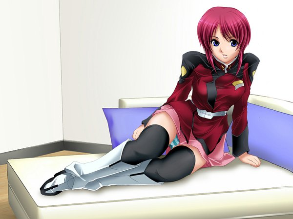 Anime picture 1155x866 with mobile suit gundam gundam seed destiny sunrise (studio) lunamaria hawke shiikeru short hair blue eyes light erotic sitting pink hair pantyshot sitting striped girl thighhighs uniform underwear panties black thighhighs boots couch