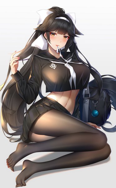 Anime picture 2460x3950 with azur lane takao (azur lane) takao (academy romantica) (azur lane) wu ganlan cai single long hair tall image looking at viewer blush fringe highres breasts light erotic black hair simple background large breasts sitting holding yellow eyes payot