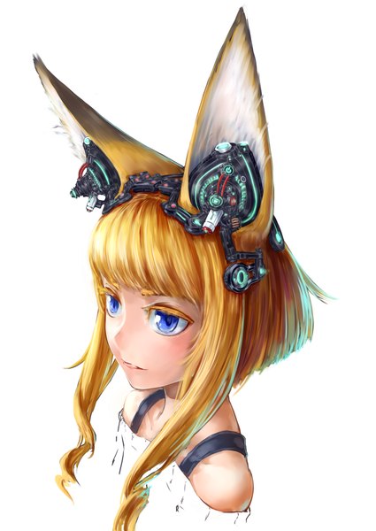 Anime picture 800x1129 with original jaco single tall image fringe short hair blue eyes simple background blonde hair white background bare shoulders animal ears looking away light smile fox ears close-up mechanical girl headphones