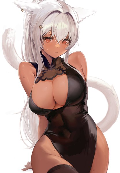 Anime picture 2029x2927 with final fantasy final fantasy xiv square enix miqo'te cyobiro single long hair tall image looking at viewer blush fringe highres breasts light erotic simple background hair between eyes red eyes large breasts white background animal ears
