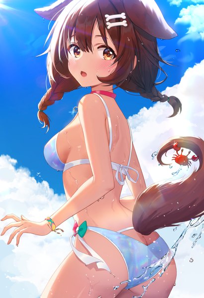 Anime picture 1500x2191 with virtual youtuber hololive inugami korone pn (wnsl216) single long hair tall image looking at viewer fringe breasts light erotic hair between eyes brown hair animal ears yellow eyes sky cloud (clouds) ass tail braid (braids)