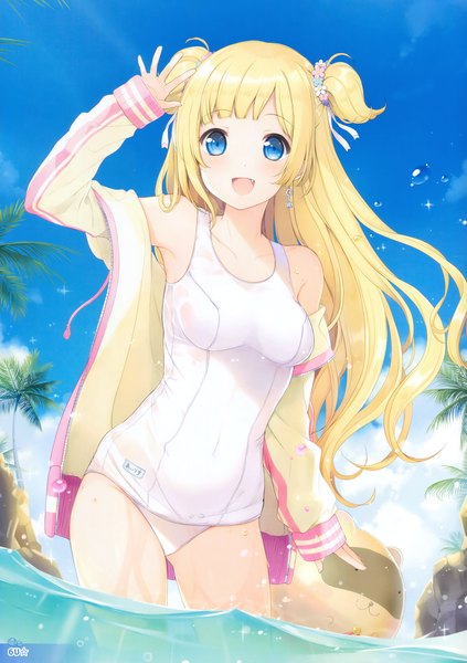 Anime picture 2326x3300 with original 6u (eternal land) single long hair tall image looking at viewer blush highres breasts open mouth blue eyes light erotic blonde hair scan two side up girl swimsuit school swimsuit white school swimsuit
