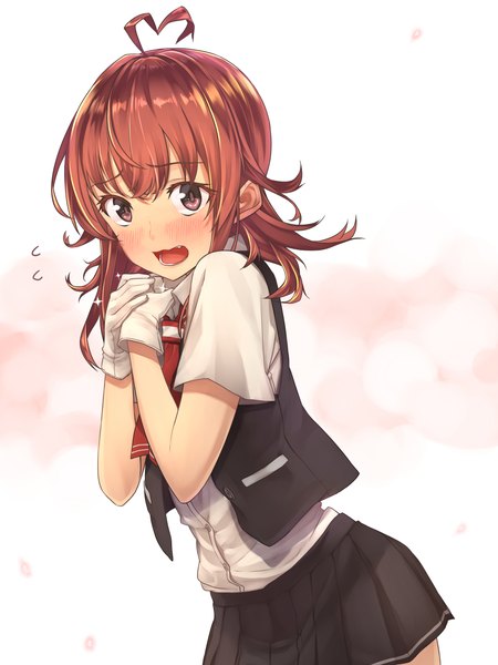 Anime-Bild 2400x3200 mit kantai collection arashi destroyer baffu single long hair tall image looking at viewer blush fringe highres open mouth brown hair white background brown eyes ahoge pleated skirt sparkle short sleeves covering messy hair