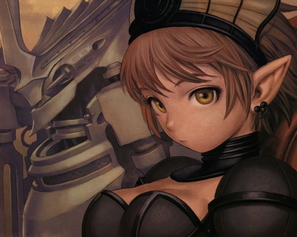 Anime picture 1280x1024 with original range murata single fringe short hair breasts brown hair yellow eyes upper body pointy ears elf girl earrings armor