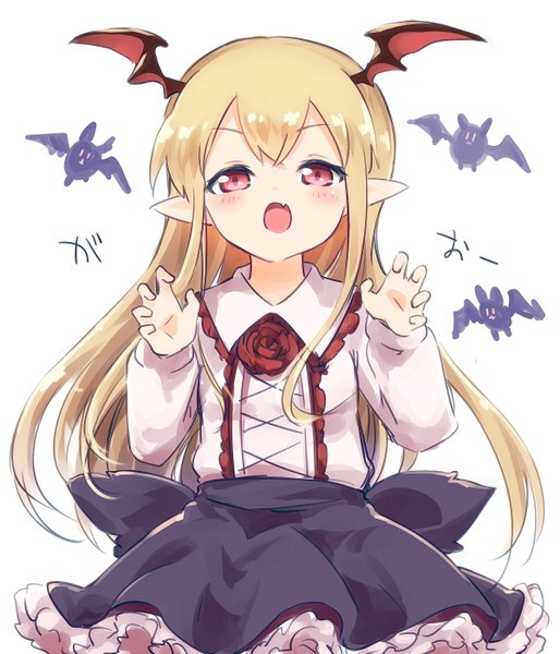 Anime picture 1200x1400 with shingeki no bahamut granblue fantasy vampy ayakashi (monkeypanch) single long hair tall image looking at viewer blush fringe open mouth simple background blonde hair red eyes white background payot long sleeves pointy ears from below text