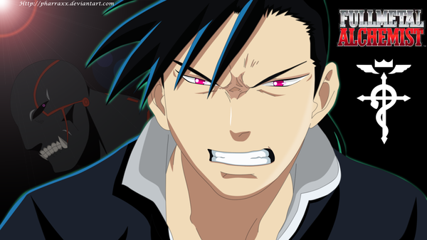 Anime picture 1778x1000 with fullmetal alchemist fullmetal alchemist brotherhood studio bones greed ling yao pharraxx long hair highres black hair wide image pink eyes inscription grin coloring portrait light angry boy