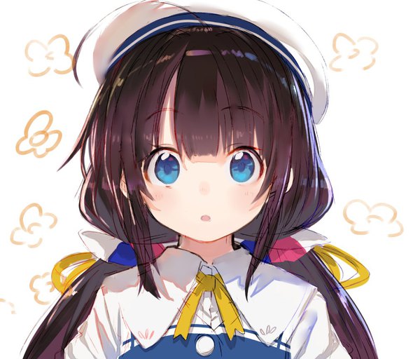 Anime-Bild 1013x866 mit ryuuou no oshigoto! hinatsuru ai shirabi single long hair looking at viewer fringe blue eyes black hair white background twintails payot ahoge upper body low twintails surprised floral background girl beret flower (symbol)