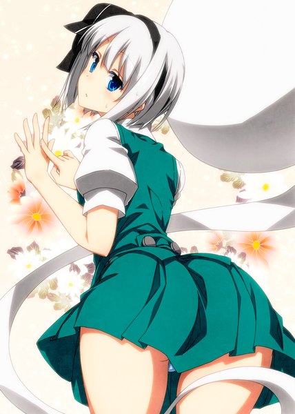 Anime picture 800x1120 with touhou konpaku youmu sazanami mio single tall image short hair blue eyes light erotic white hair looking back pantyshot floral background girl dress skirt underwear flower (flowers) panties miniskirt hairband