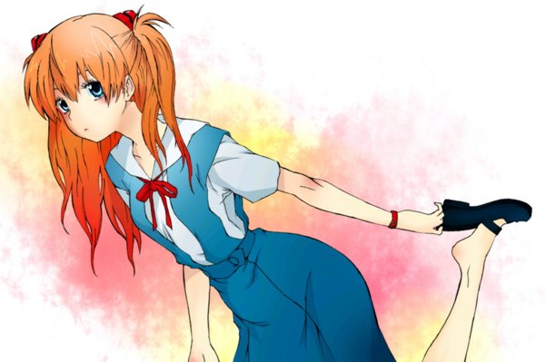 Anime picture 1169x779 with neon genesis evangelion gainax soryu asuka langley single long hair looking at viewer blush fringe blue eyes simple background standing twintails holding full body orange hair leaning standing on one leg leg lift (legs lift) girl uniform
