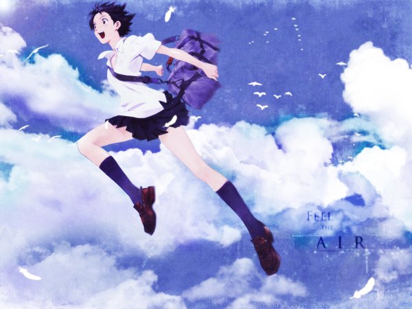 Anime picture 1600x1200 with toki wo kakeru shoujo madhouse konno makoto single short hair open mouth black hair smile brown eyes sky cloud (clouds) full body pleated skirt third-party edit jumping girl skirt uniform bow school uniform