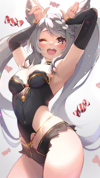 Anime picture 1100x1956 with granblue fantasy fraux pilokey single long hair tall image looking at viewer blush breasts open mouth light erotic twintails brown eyes animal ears one eye closed grey hair wink from below groin ;d