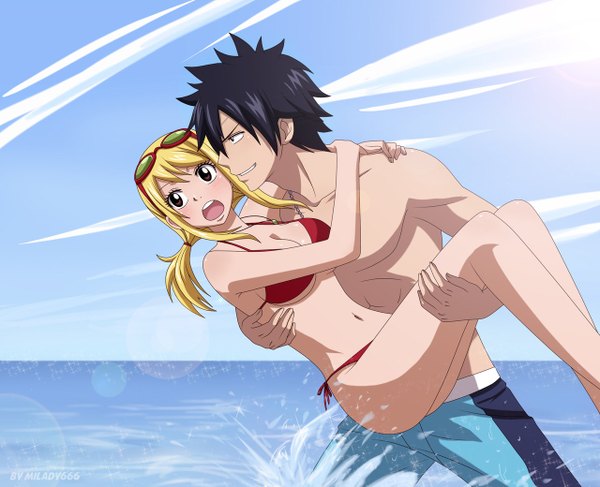 Anime picture 1280x1040 with fairy tail lucy heartfilia gray fullbuster milady666 long hair blush short hair open mouth light erotic black hair blonde hair smile holding brown eyes sky cloud (clouds) profile black eyes muscle girl