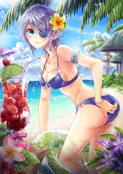 Anime-Bild 750x1064 mit sword girls iri flina zenyu single tall image short hair breasts blue eyes light erotic sky silver hair cloud (clouds) hair flower beach girl hair ornament flower (flowers) swimsuit plant (plants) bikini