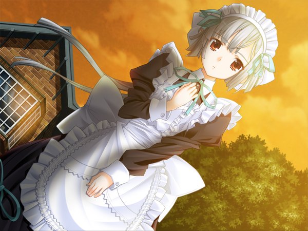 Anime picture 1024x768 with precious summer vacation! (game) long hair red eyes game cg silver hair maid girl hairband house