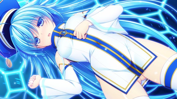 Anime picture 1280x720 with re:birth colony azurite asami asami long hair blush open mouth blue eyes light erotic wide image blue hair game cg girl thighhighs hat white thighhighs
