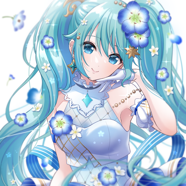 Anime picture 1500x1500 with vocaloid hatsune miku necocafe lili single long hair looking at viewer blue eyes smile white background twintails upper body hair flower aqua hair sparkle girl gloves flower (flowers) detached sleeves earrings white gloves