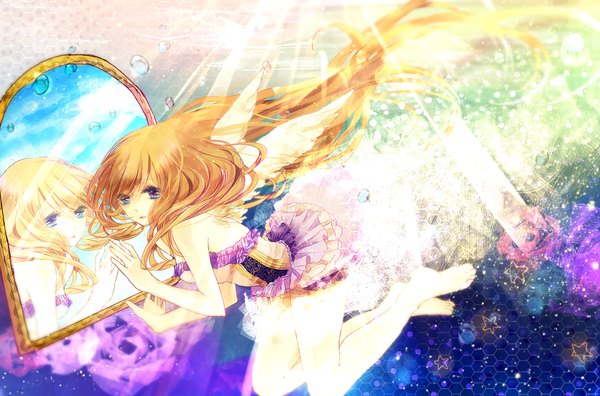Anime picture 1139x753 with original sleetfalls single long hair looking at viewer open mouth blue eyes blonde hair bare shoulders barefoot reflection flying girl wings star (symbol) bubble (bubbles) mirror