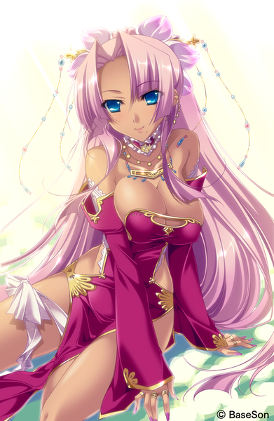 Anime picture 827x1268 with koihime musou doga kobo sonsaku hikage eiji long hair tall image breasts blue eyes light erotic large breasts white background pink hair cleavage girl dress hair ornament