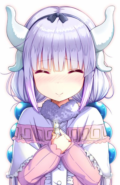 Anime picture 900x1386 with kobayashi-san chi no maidragon kyoto animation kanna kamui sekiyu. single long hair tall image blush fringe simple background white background twintails payot purple hair upper body blunt bangs eyes closed low twintails ^ ^ girl