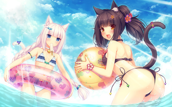 Anime picture 1920x1200 with neko paradise neko works (studio) vanilla (nekopara) chocola (nekopara) sayori long hair looking at viewer blush highres breasts open mouth blue eyes light erotic blonde hair brown hair multiple girls animal ears sky ass tail