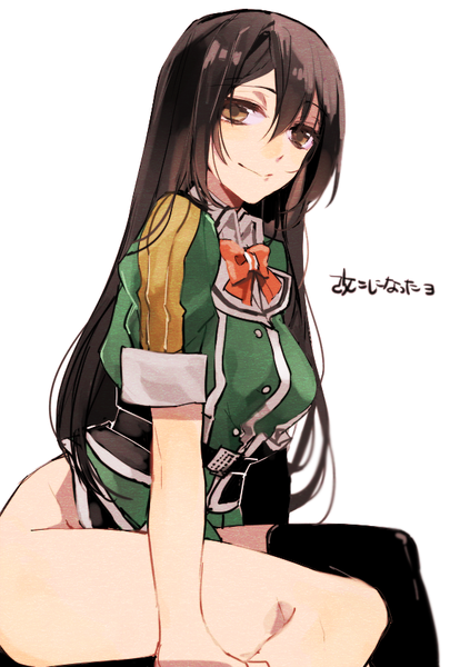 Anime picture 595x842 with kantai collection chikuma heavy cruiser hita (hitapita) single long hair tall image looking at viewer fringe light erotic simple background smile hair between eyes brown hair white background sitting brown eyes legs no panties text girl