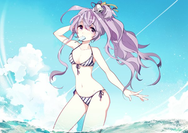 Anime picture 1062x752 with original dasulchan single long hair blush purple eyes looking away sky purple hair cloud (clouds) ponytail wind summer girl swimsuit bikini water food sweets sea