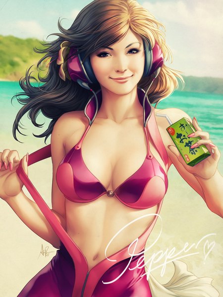 Anime picture 750x1000 with pepper project artgerm (stanley lau) single long hair tall image blue eyes light erotic smile brown hair nail polish lips realistic lipstick beach girl headphones sea drink