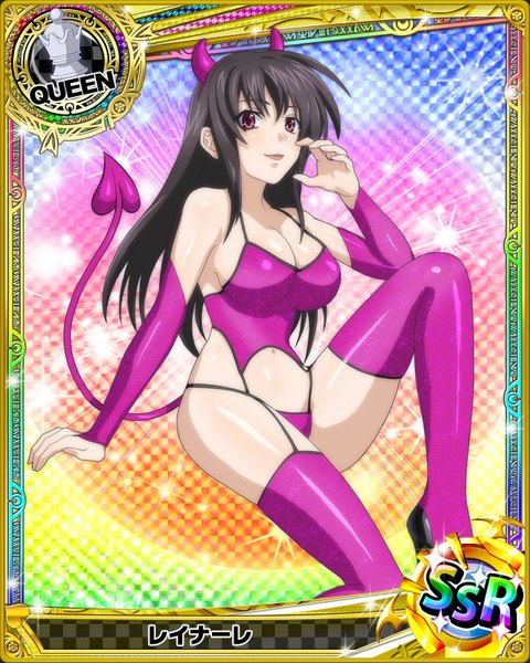 Anime picture 640x800 with highschool dxd raynare (dxd) single long hair tall image looking at viewer blush breasts open mouth light erotic black hair large breasts purple eyes tail horn (horns) card (medium) girl thighhighs underwear panties