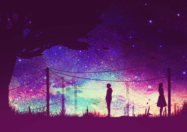 Anime picture 1024x724 with original erisiar long hair short hair sky profile landscape silhouette girl boy skirt plant (plants) tree (trees) jacket hood star (stars) grass wire (wires)