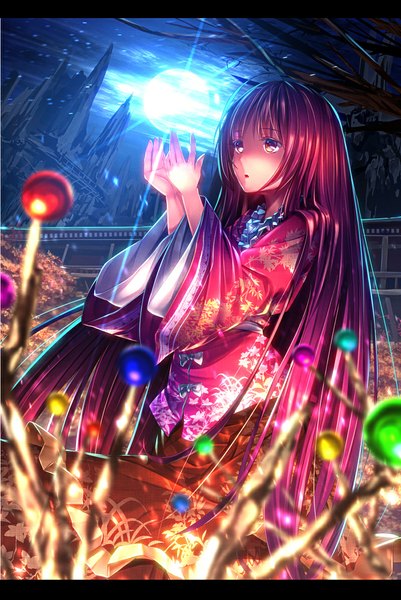 Anime picture 800x1195 with touhou houraisan kaguya ryosios single long hair tall image brown hair brown eyes traditional clothes japanese clothes night floral print light letterboxed girl plant (plants) tree (trees) kimono branch