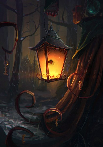 Anime picture 2380x3400 with original sylar113 tall image highres light no people plant (plants) tree (trees) branch forest lantern key