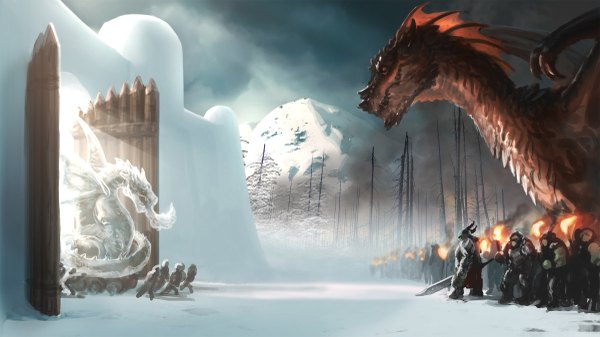 Anime picture 1200x675 with jason chan wide image horn (horns) sunlight winter group snow mountain army gate war weapon plant (plants) sword tree (trees) fire dragon