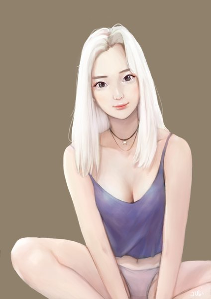 Anime picture 2480x3508 with original mio (jubi) jubi (regiana) single long hair tall image looking at viewer highres light erotic simple background sitting bare shoulders signed white hair lips black eyes realistic bare legs midriff lipstick