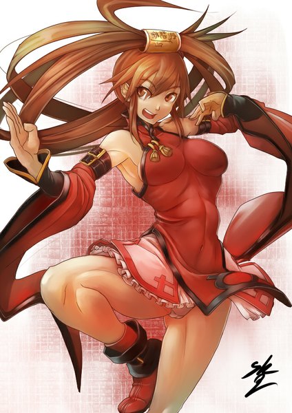 Anime picture 700x990 with guilty gear kuradoberi jam sowel (sk3) (artist) single tall image fringe open mouth light erotic brown hair bare shoulders brown eyes traditional clothes wide sleeves teeth armpit (armpits) chinese clothes muscle fighting stance leg up skin tight