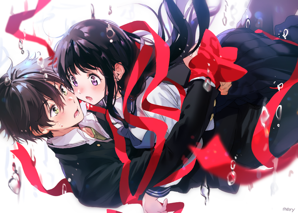 Anime picture 1023x733 with hyouka kyoto animation chitanda eru oreki houtarou mery (yangmalgage) long hair blush fringe short hair open mouth black hair hair between eyes brown hair purple eyes green eyes signed pleated skirt :o couple hug