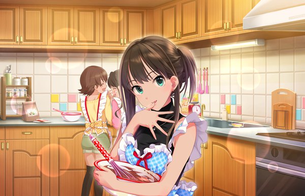 Anime-Bild 1280x824 mit idolmaster idolmaster cinderella girls idolmaster cinderella girls starlight stage shibuya rin shimamura uzuki honda mio annindoufu (oicon) long hair looking at viewer short hair brown hair multiple girls aqua eyes finger to mouth solo focus licking cooking finger licking pure valentine girl