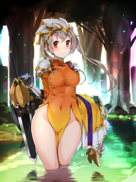 Anime-Bild 1440x1920 mit flower knight girl kinrenka (flower knight girl) kuro chairo no neko single long hair tall image looking at viewer blush fringe breasts light erotic smile hair between eyes red eyes large breasts standing twintails holding signed payot