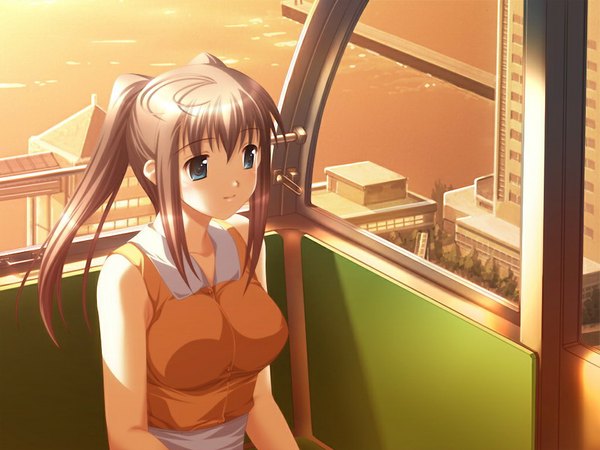 Anime picture 1024x768 with alto miharu - alto another story tachibana megumi long hair blue eyes brown hair game cg evening sunset girl