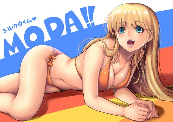 Anime picture 1181x835 with one piece toei animation moda yumiyokiak single long hair open mouth blue eyes light erotic blonde hair smile bare shoulders looking away cleavage character names on side happy girl swimsuit bikini