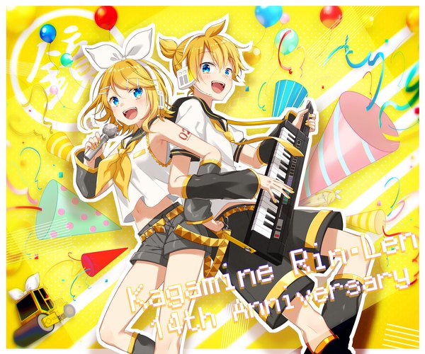Anime picture 1800x1500 with vocaloid kagamine rin kagamine len asagao minoru highres short hair open mouth blue eyes blonde hair :d character names border siblings twins back to back sailor collar playing instrument brother and sister anniversary locked arms