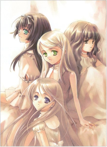 Anime picture 2117x2905 with little stars on the earth dee (little stars on the earth) wisteria (little stars on the earth) liddel (little stars on the earth) estrella (little stars on the earth) kuramoto kaya long hair tall image highres open mouth simple background blonde hair multiple girls brown eyes green eyes aqua eyes light smile sleeveless group curly hair