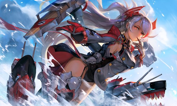Anime-Bild 1500x900 mit azur lane prinz eugen (azur lane) ecien single long hair looking at viewer fringe breasts light erotic red eyes wide image sky cloud (clouds) outdoors multicolored hair wind mole two-tone hair from below two side up