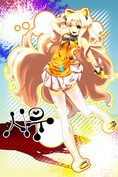 Anime picture 1600x2400 with vocaloid seeu single long hair tall image blue eyes blonde hair bare shoulders animal ears one eye closed wink girl thighhighs white thighhighs bracelet